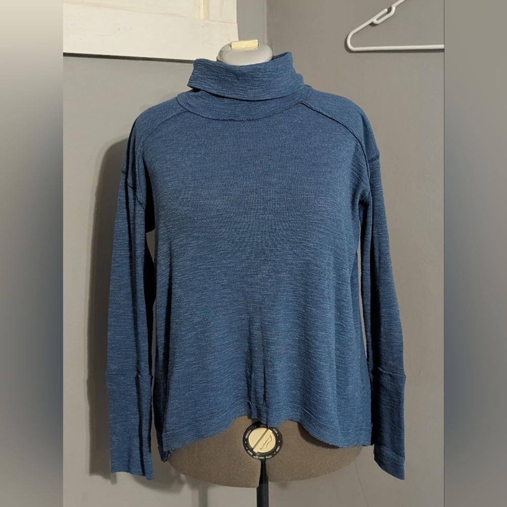 We the Free/Free People Split Back Turtleneck Teal Blue L Large